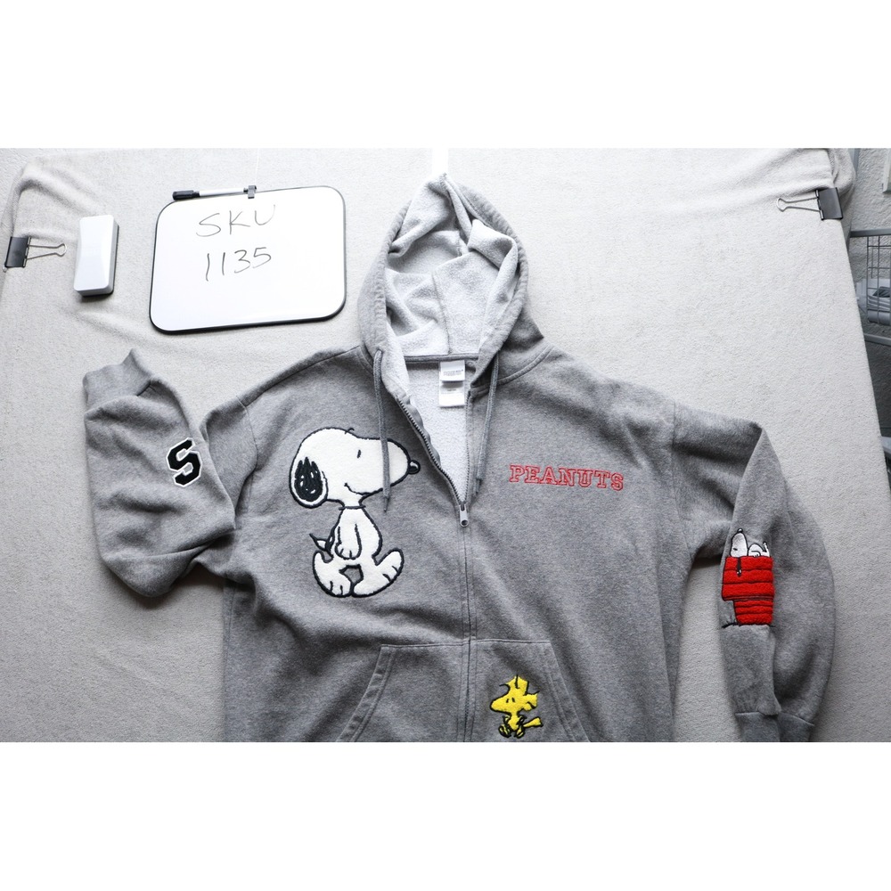 Peanuts Hoodie Mens XL Gray Snoopy Woodstock Chenille Patch Zip Sweatshirt